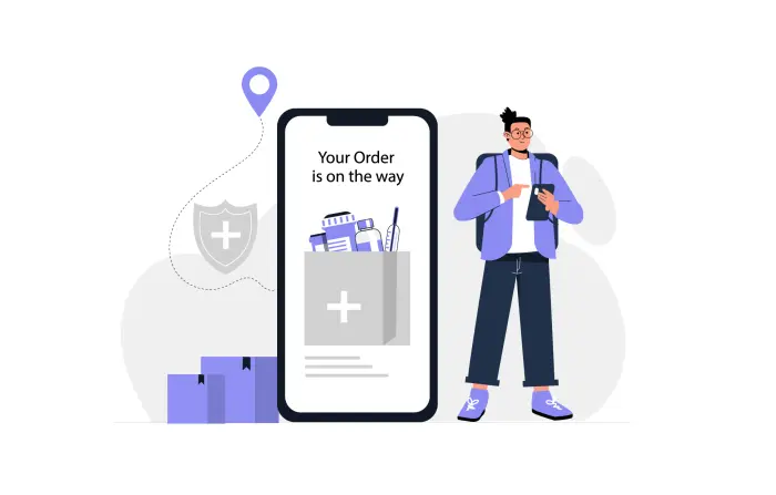 Medicine Delivery Boy with Smartphone Flat Character Illustration image